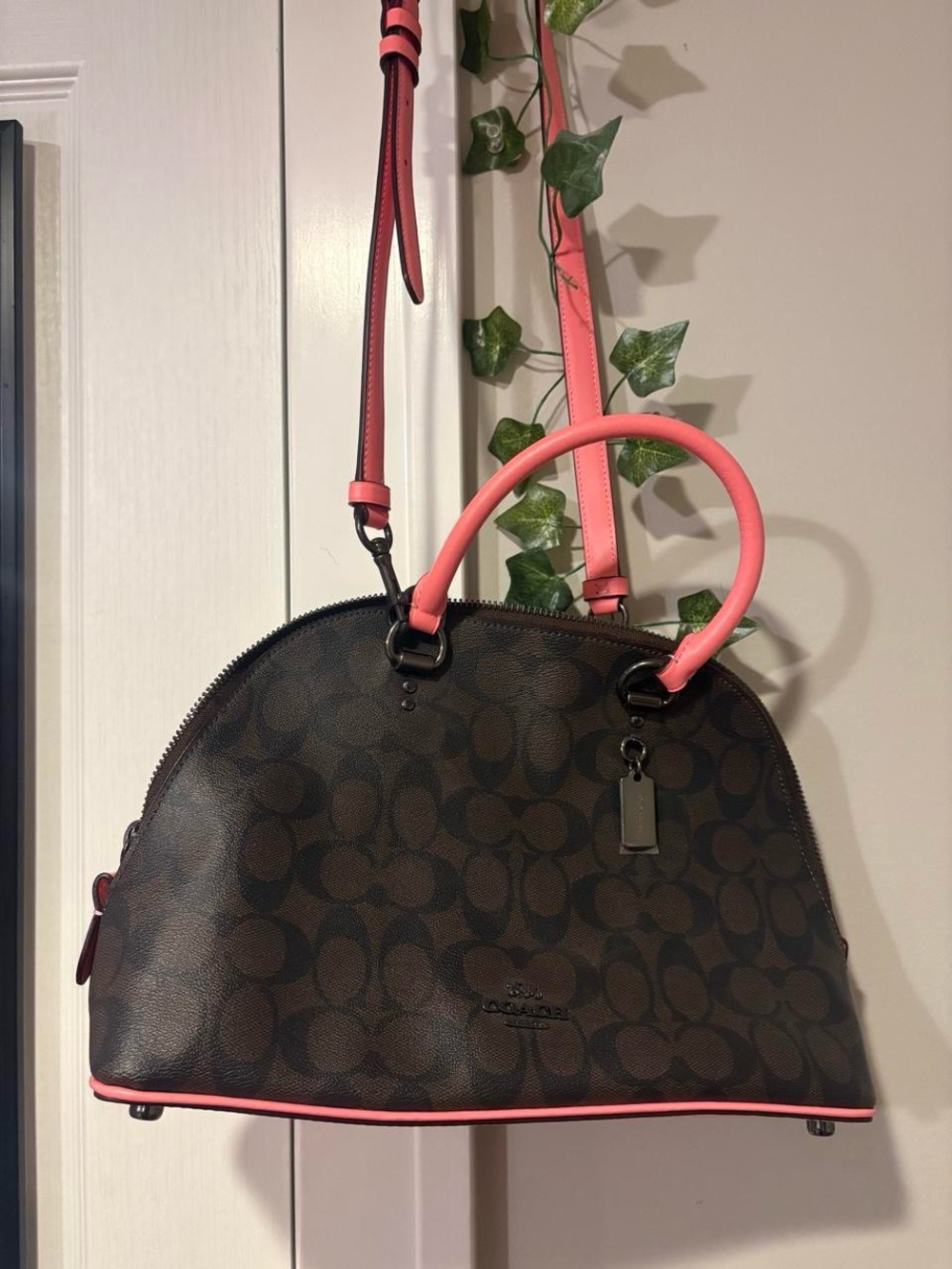 Coach Brown Signature Dome Satchel with Pink Trim and Handles